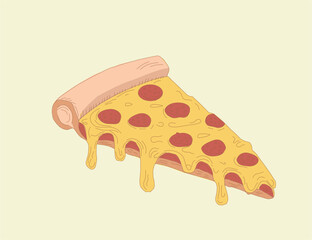 illustration of a pizza. pizza slice with salami,mushrooms, basil leaf and melted cheese for pizzeria package and menu designs. Flat Vector illustration.