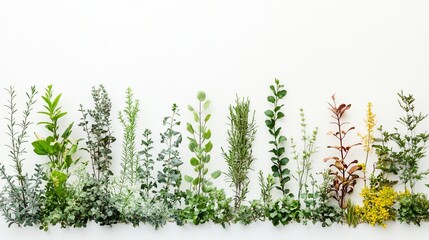 Diverse greenery arranged against white background, studio shot, botanical illustration, website header