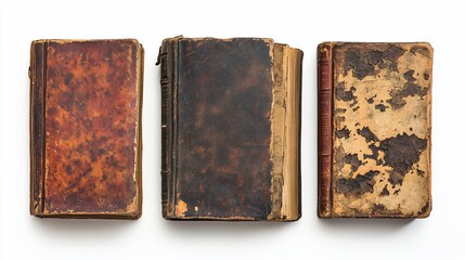 Three antique books, worn covers, white background, studio shot, historical research