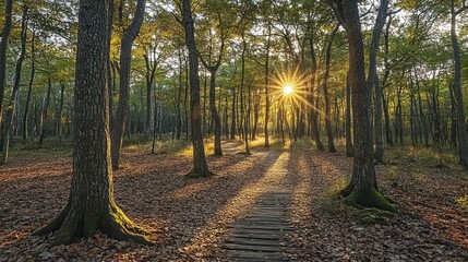 Obraz premium Sun rays stream through autumn forest trees illuminating a wooden path.