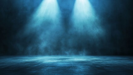 Fototapeta premium Blue stage spotlights, smoky, dark background.