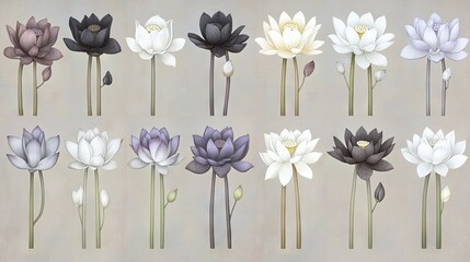 Serene lotus flower collection; various colors, buds; neutral background; for design