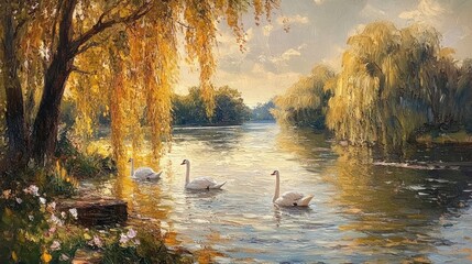 Serene sunset landscape painting of three graceful swans swimming peacefully on a calm river under weeping willows.