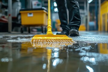 A worker uses a yellow floor brush to clean a wet industrial floor. The image depicts efficient cleaning and industrial hygiene practices.
