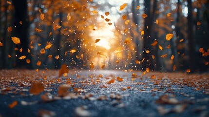 Falling autumn leaves on a path at sunset.