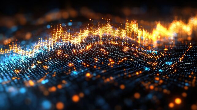 Abstract digital data visualization with glowing dots and dynamic wave patterns