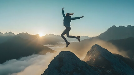 Woman Leaping Joyfully at Sunrise on Mountain Peak Surrounded by Dramatic Landscape and Clouds