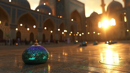 Sunset at Central Asian mosque courtyard, people praying, decorative dome. Use Travel brochure