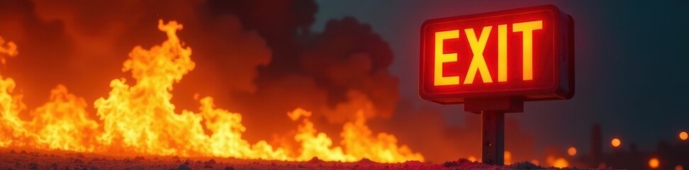 Fire raging near exit sign, intense orange and yellow flames, arrow, evacuation
