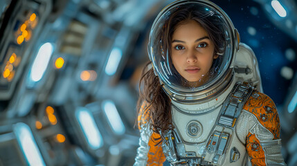 Female Indian Astronaut in a high-tech suit surrounded by glowing panels, evoking a futuristic adventure