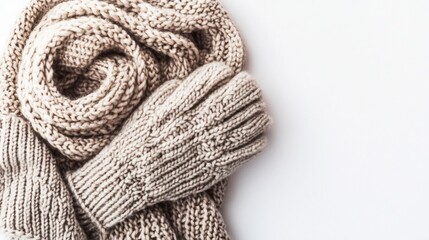 Fototapeta premium Cozy knitted scarf gloves winter white background fashion