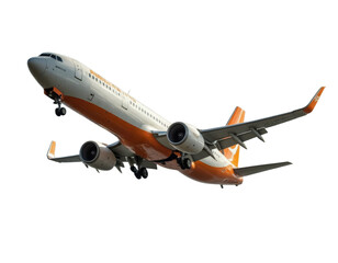 Obraz premium Orange and white airplane flying with cloud trails, transparent background