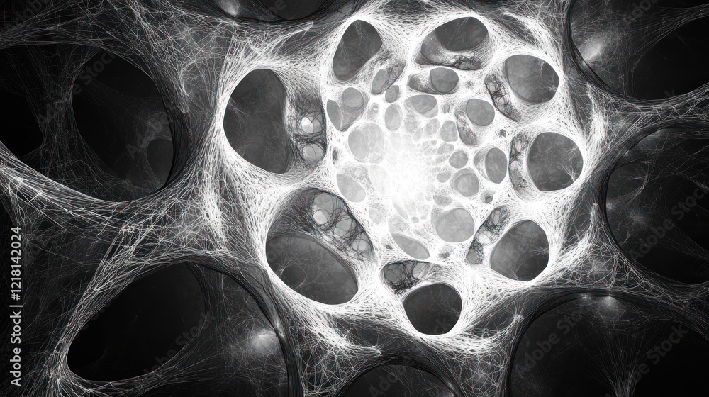 Poster abstract grayscale fractal art depicting a complex network of interconnected organic shapes and glow