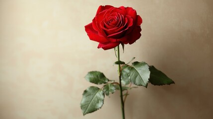 Single red rose against beige background, romantic, love, greeting card