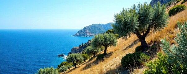 Olive grove on a cliffside with blue sky and sea, nature, grove