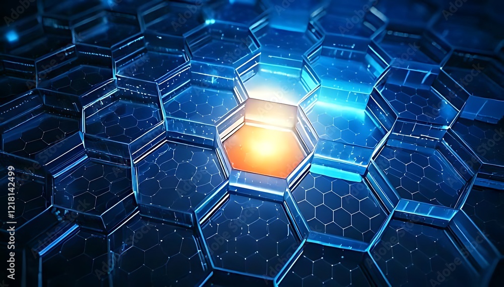 Poster glowing hexagonal cells create a futuristic, technological, abstract pattern.