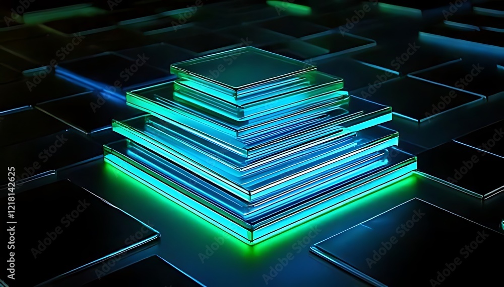 Aufkleber glowing teal and green blocks form a complex, abstract 3d structure.