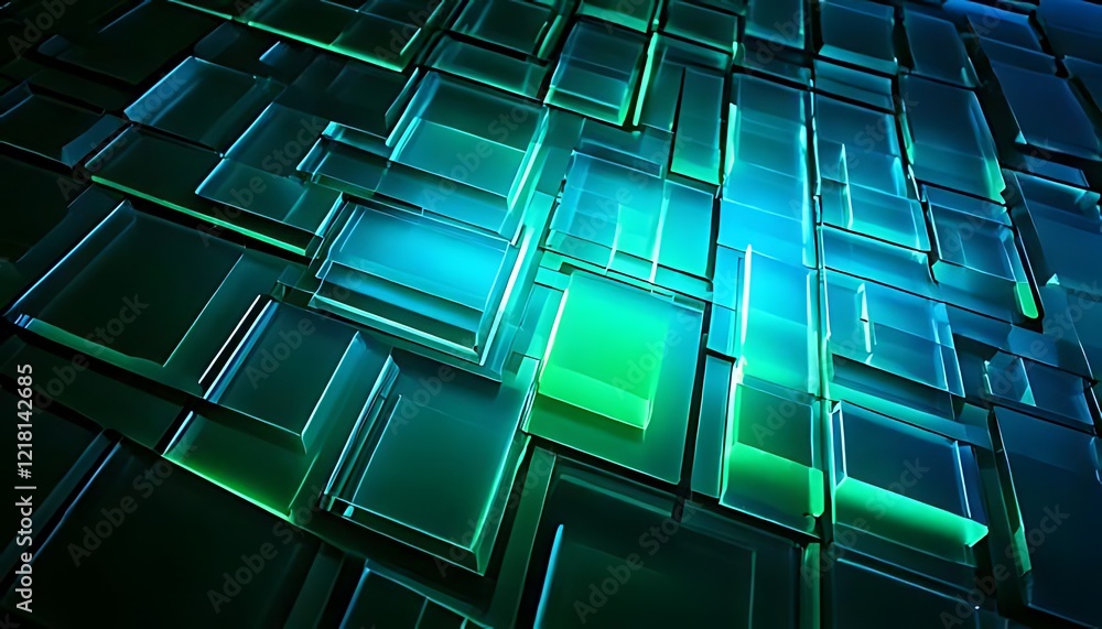 Aufkleber glowing teal and green blocks form a complex, abstract 3d structure.