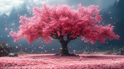 Serene Pink Blossom Paradise: A Majestic Cherry Tree in Full Bloom