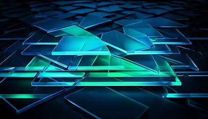 Glowing teal and green blocks form a complex, abstract 3D structure.