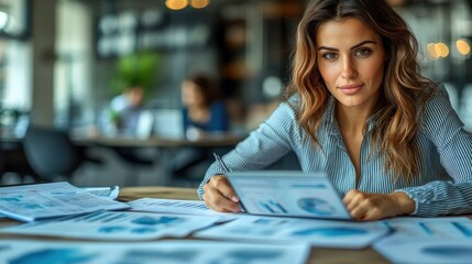 Focused professional woman analyzing financial data in a modern office setting
