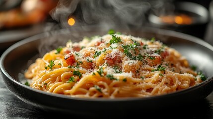 Delightful Plate of Steaming Spaghetti Carbonara Served With Creamy Sauce on a Rustic Table Creating an Appetizing Italian Meal Experience