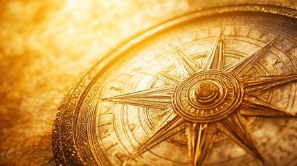 Obraz premium Antique compass on vintage map, sunlit, adventure, navigation