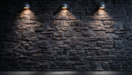 Dark stone wall with three illuminated wall lamps.
