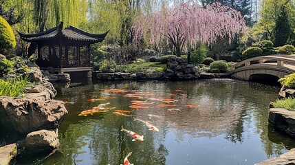 Naklejka premium Tranquil pond with koi fish, Japanese garden with traditional gazebo and arched bridge