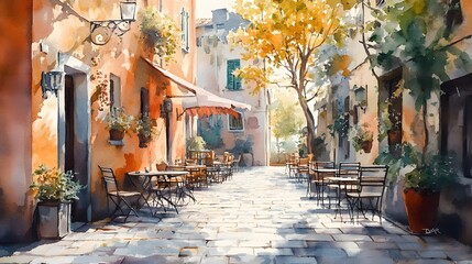 Obraz premium watercolor painting a café terrasse in Italian city in spring, Generative AI 