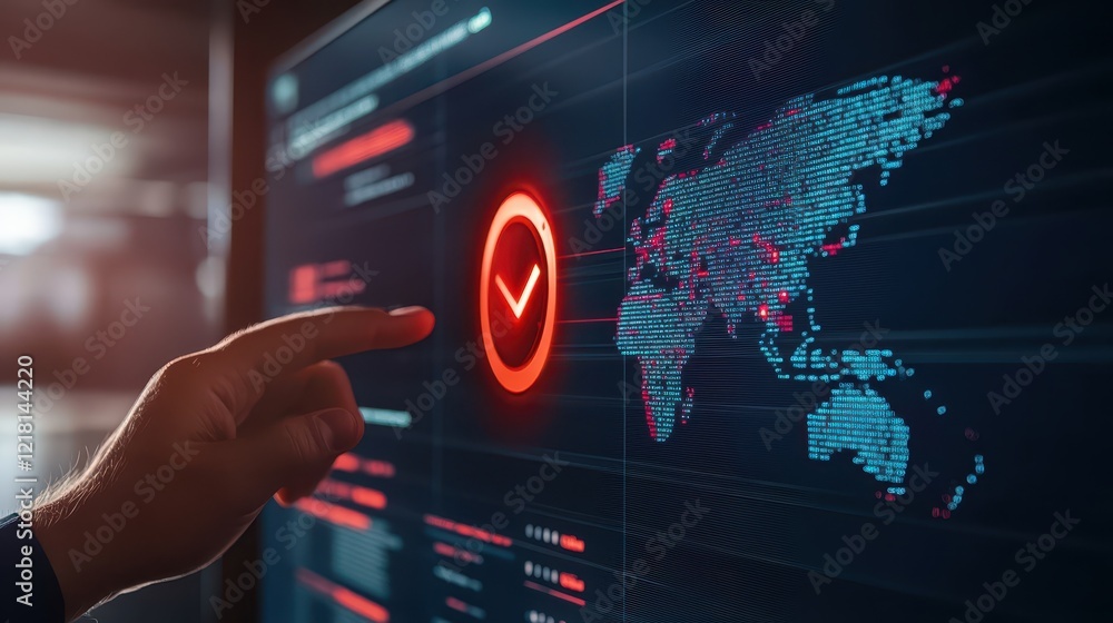 Poster closeup of hand pointing at digital screen with red arrow indicator, navigating information