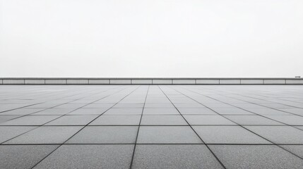 Fototapeta premium Empty urban rooftop, overcast sky, tiled floor, minimalist design, advertisement backdrop