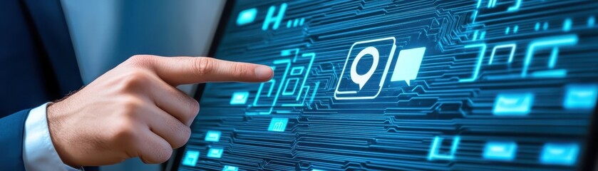 Human finger initiates digital command by pressing a key on computer keyboard