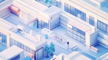 Isometric Hospital Entrance; Patients Arrive, City Background; Healthcare Illustration