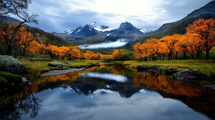Obraz premium Autumnal river reflecting snow-capped mountains; tranquil landscape