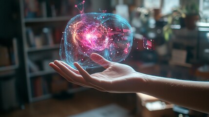 Woman's hand holding glowing sphere, home library background, futuristic tech concept