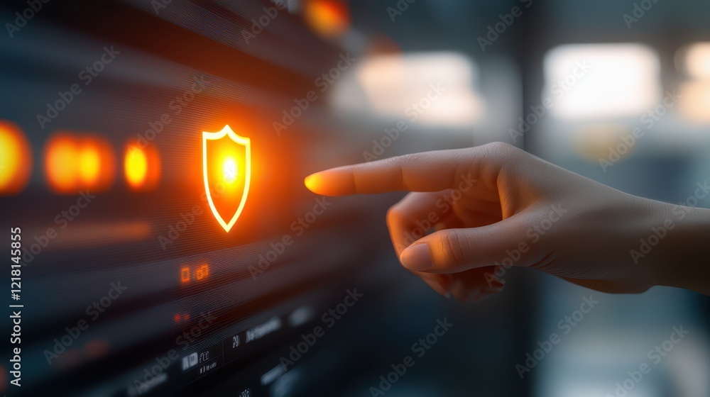 Poster human hand engaging with a colorful button on modern computer monitor display