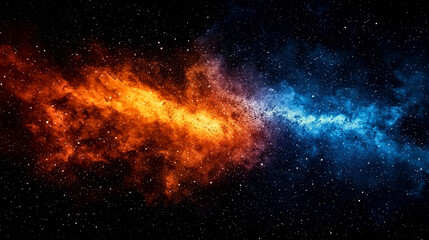 Fototapeta premium Cosmic Collision: A fiery orange and serene blue nebulae meet in a breathtaking celestial dance across the vast expanse of space.