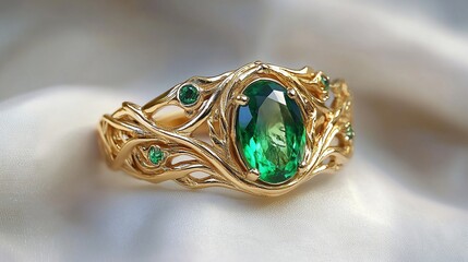 Emerald gold ring silk background jewelry photoshoot