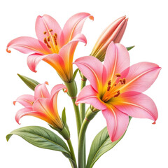 Fototapeta premium Pink and orange lilies with green leaves and transparent background