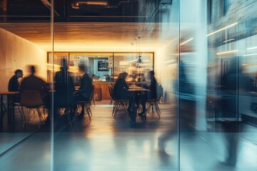 Modern office space with people working and blurred motion creating a sense of dynamism