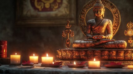 Fototapeta premium Serene Buddha statue meditation candles temple peace