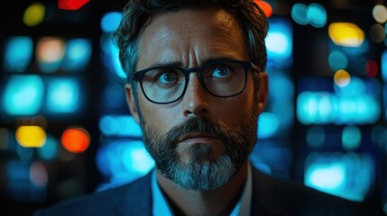 Concerned professional with focused gaze against a digital display backdrop