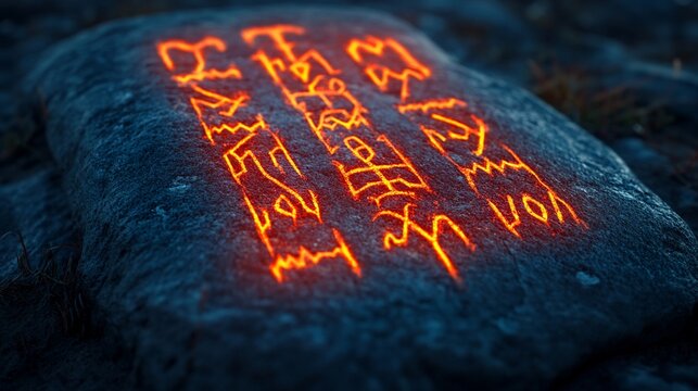Glowing runes etched on stone outdoors at dusk; fantasy game design