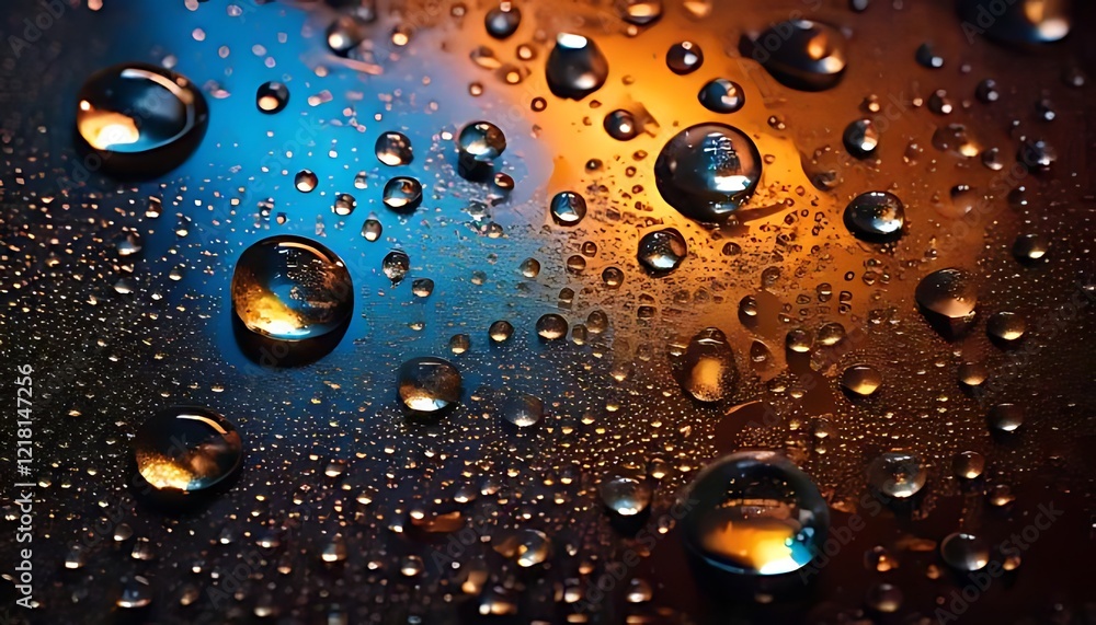 Poster water droplets on a surface create a mesmerizing pattern of light and color, beautifully intricate.
