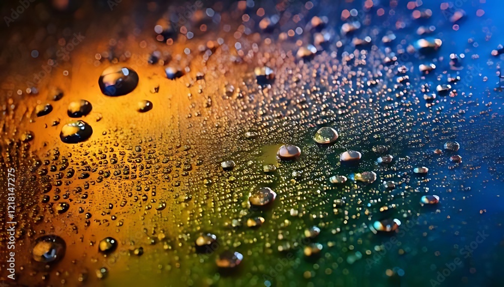 Poster water droplets on a surface create a mesmerizing pattern of light and color, beautifully intricate.