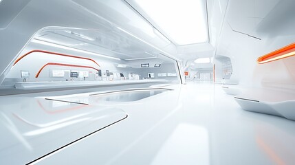 Fototapeta premium Futuristic white lab corridor, equipment, glowing lights, research