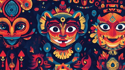 Vibrant Masks and Geometric Patterns Creating an Abstract Cultural Tapestry