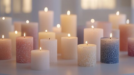 Illuminated pastel candles on table, warm background, home decor