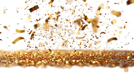 Gold confetti falling on sparkling surface, black background, festive overlay